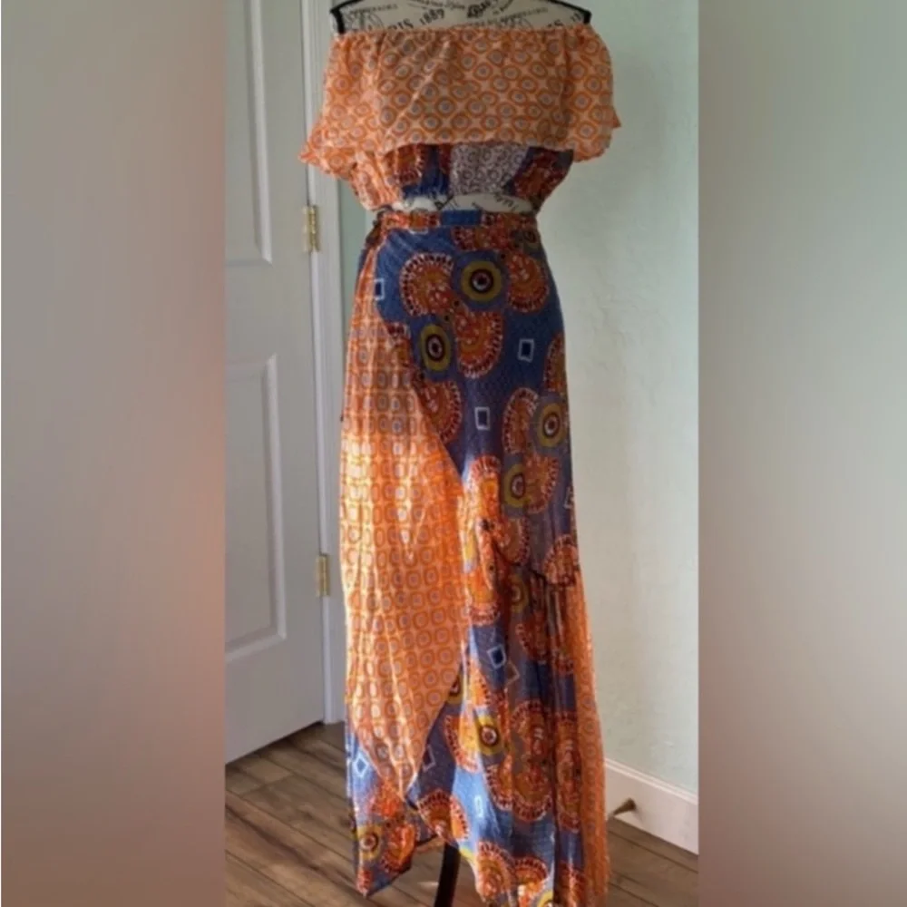 Blue and Orange Maxi Wrap Skirt set with matching Cropped Blouse